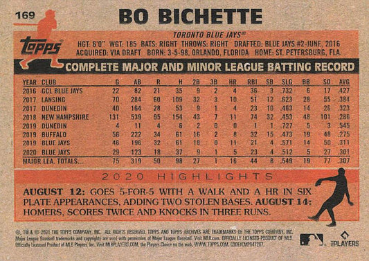 2021 Topps Archives Bo Bichette #169 Toronto Blue Jays