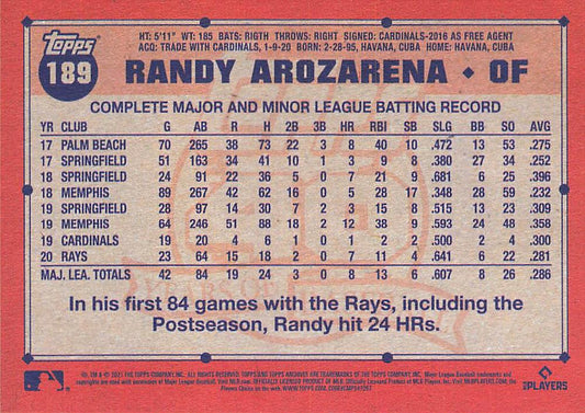 2021 Topps Archives Randy Arozarena #189 Tampa Bay Rays