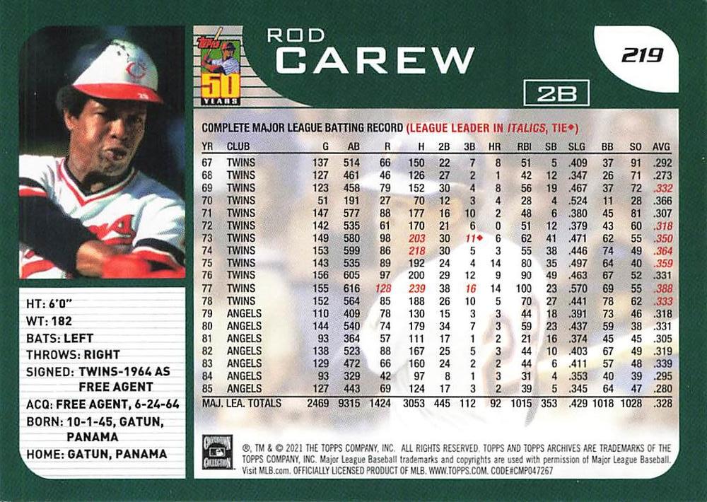 2021 Topps Archives Rod Carew  #219 Minnesota Twins