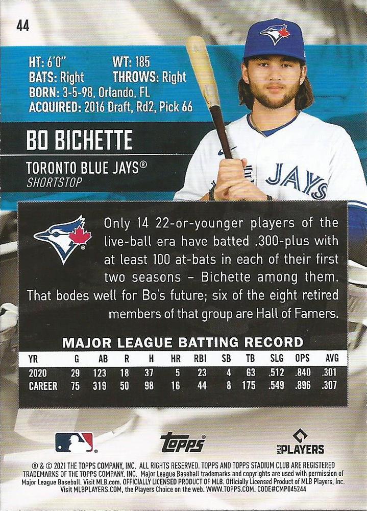 2021 Stadium Club  Bo Bichette  #44 Toronto Blue Jays
