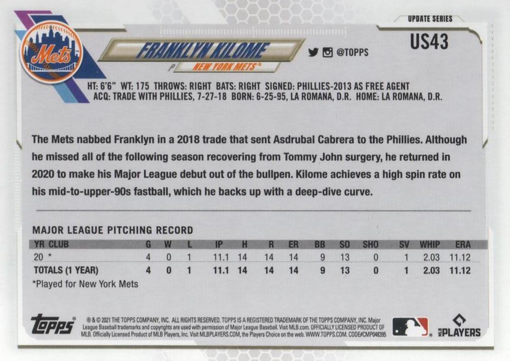 2021 Topps Update Franklyn Kilome Rookie US43 New York Mets