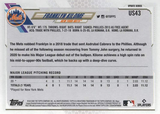 2021 Topps Update Franklyn Kilome Rookie US43 New York Mets