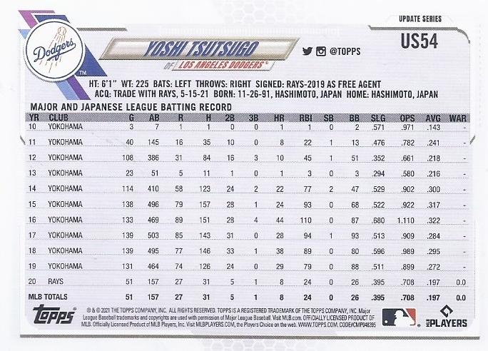 2021 Topps Update Yoshi Tsutsugo  US54 Los Angeles Dodgers