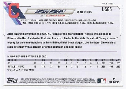 2021 Topps Update Andres Gimenez Rookie US65 Cleveland Indians