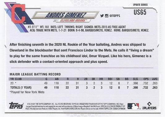2021 Topps Update Andres Gimenez Rookie US65 Cleveland Indians