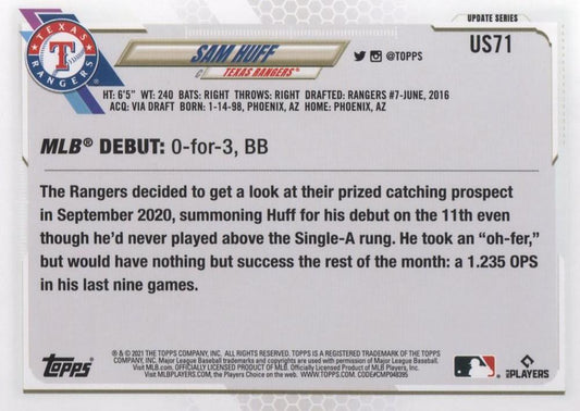2021 Topps Update Sam Huff Rookie Debut US71 Texas Rangers