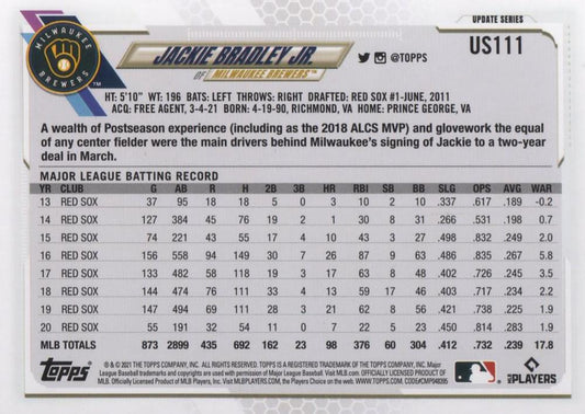 2021 Topps Update Jackie Bradley Jr.  US111 Milwaukee Brewers