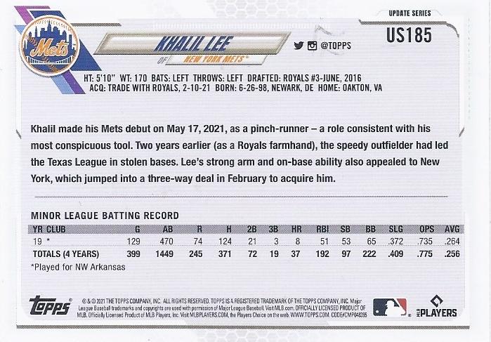 2021 Topps Update Khalil Lee Rookie US185 New York Mets
