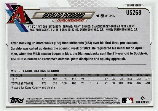 2021 Topps Update Geraldo Perdomo Rookie US268 Arizona Diamondbacks