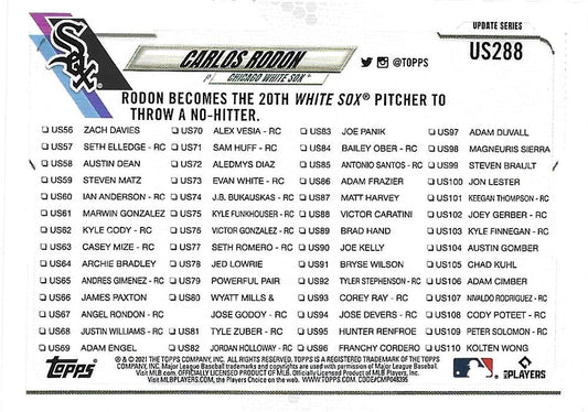 2021 Topps Update Carlos Rodon Season Highlight US288 Chicago White Sox