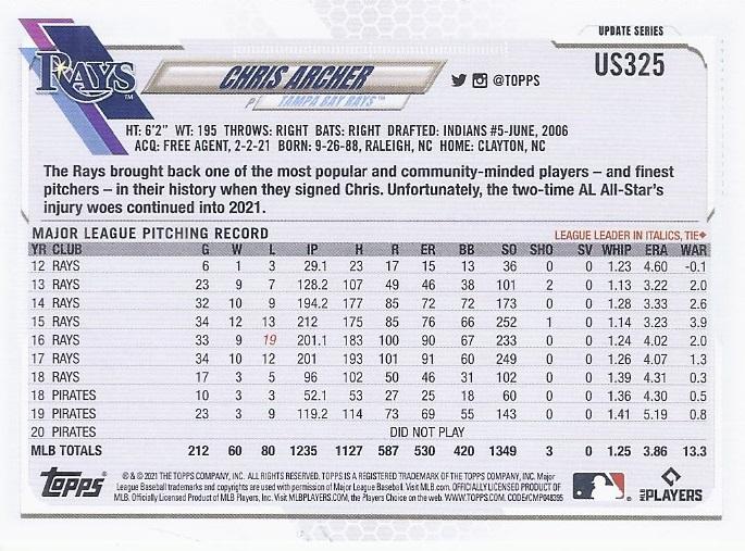 2021 Topps Update Chris Archer  US325 Tampa Bay Rays