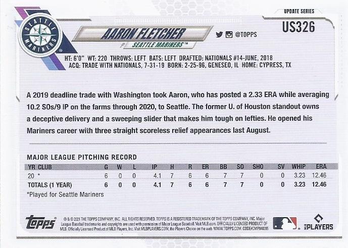 2021 Topps Update Aaron Fletcher Rookie US326 Seattle Mariners