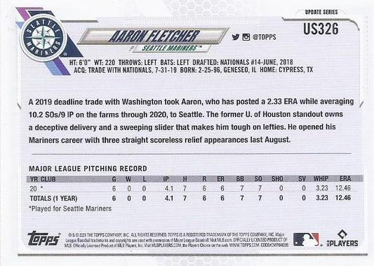 2021 Topps Update Aaron Fletcher Rookie US326 Seattle Mariners