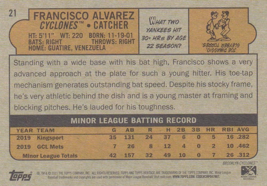 2021 Topps Heritage Minor League Francisco Alvarez #21 Brooklyn Cyclones