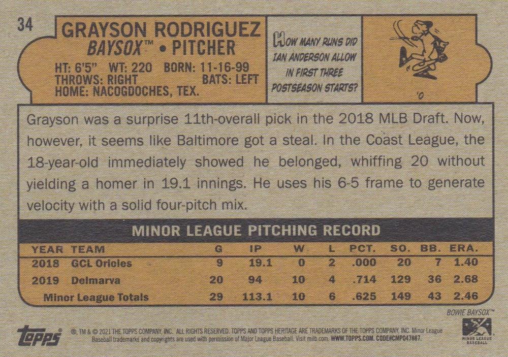 2021 Topps Heritage Minor League Grayson Rodriguez #34 Bowie Baysox