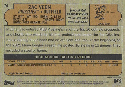 2021 Topps Heritage Minor League Zac Veen #74 Fresno Grizzlies