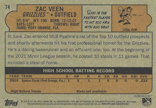 2021 Topps Heritage Minor League Zac Veen #74 Fresno Grizzlies