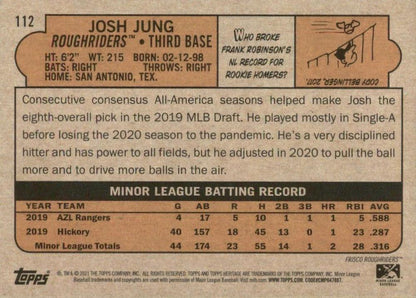 2021 Topps Heritage Minor League Josh Jung #112 Frisco RoughRiders