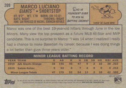 2021 Topps Heritage Minor League Marco Luciano #209 San Jose Giants