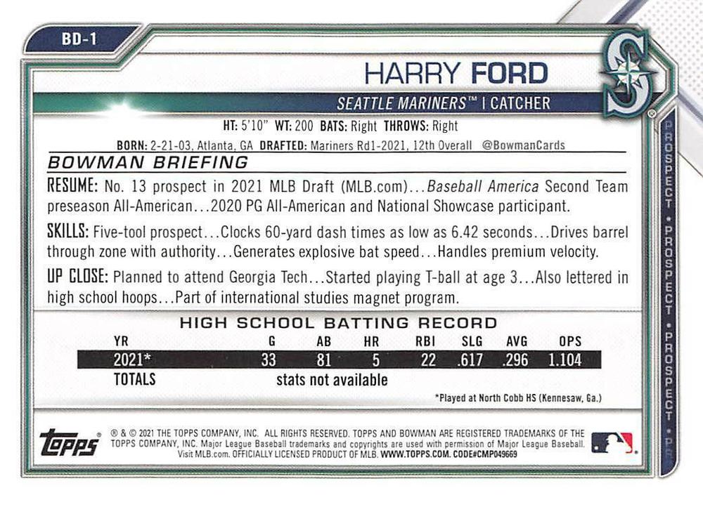 2021 Bowman Draft Harry Ford FBC 1st Bowman BD-1 Seattle Mariners