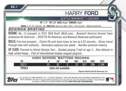 2021 Bowman Draft Harry Ford FBC 1st Bowman BD-1 Seattle Mariners