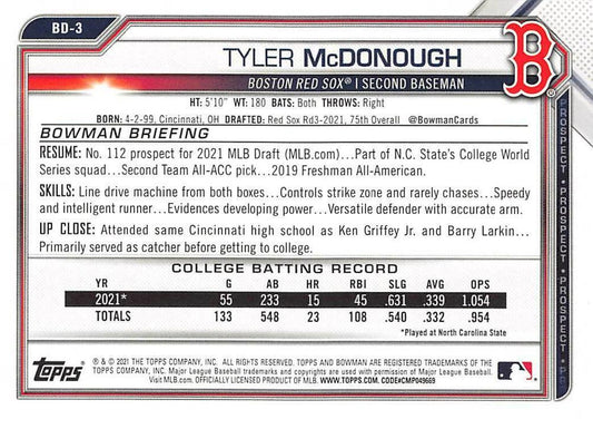 2021 Bowman Draft Tyler McDonough FBC 1st Bowman BD-3 Boston Red Sox