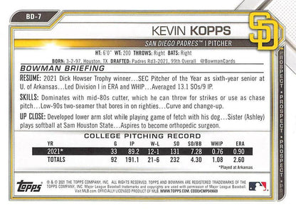 2021 Bowman Draft Kevin Kopps FBC 1st Bowman BD-7 San Diego Padres