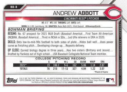 2021 Bowman Draft Andrew Abbott FBC 1st Bowman BD-8 Cincinnati Reds