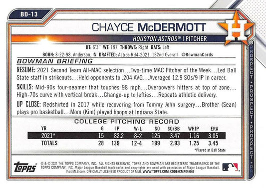2021 Bowman Draft Chayce McDermott FBC 1st Bowman BD-13 Houston Astros