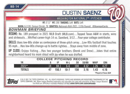 2021 Bowman Draft Dustin Saenz FBC 1st Bowman BD-14 Washington Nationals