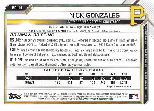 2021 Bowman Draft Nick Gonzales BD-16 Pittsburgh Pirates