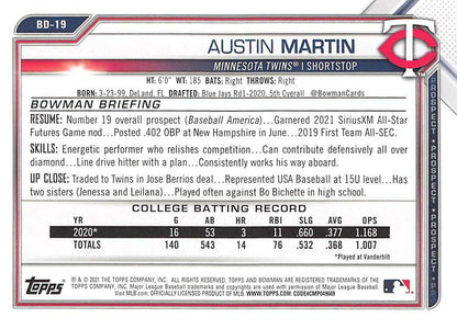 2021 Bowman Draft Austin Martin BD-19 Minnesota Twins