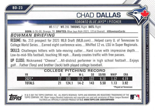 2021 Bowman Draft Chad Dallas FBC 1st Bowman BD-23 Toronto Blue Jays