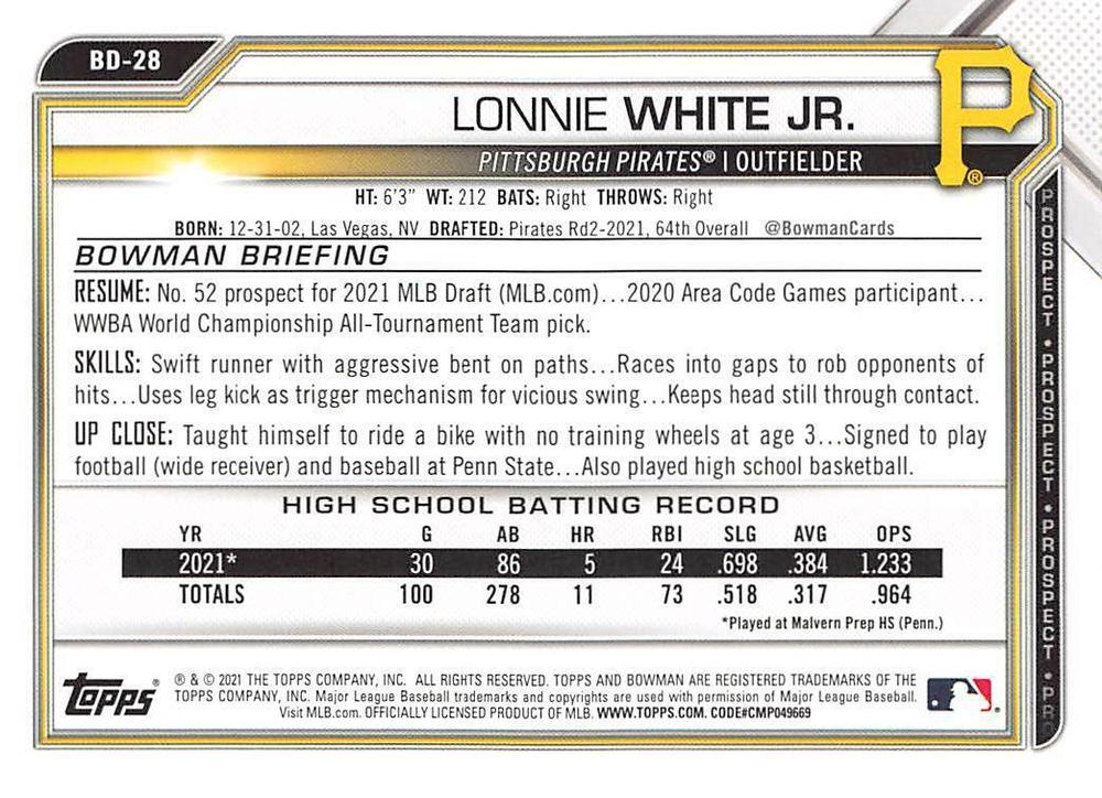 2021 Bowman Draft Lonnie White Jr. FBC 1st Bowman BD-28 Pittsburgh Pirates