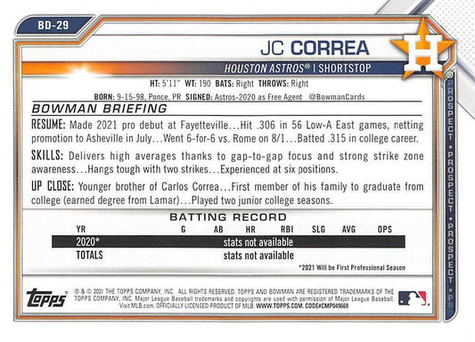 2021 Bowman Draft JC Correa BD-29 Houston Astros