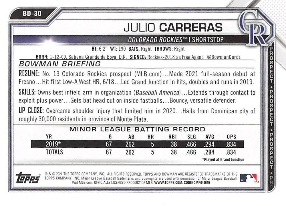 2021 Bowman Draft Julio Carreras BD-30 Colorado Rockies