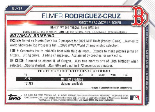 2021 Bowman Draft Elmer Rodriguez-Cruz FBC 1st Bowman BD-37 Boston Red Sox