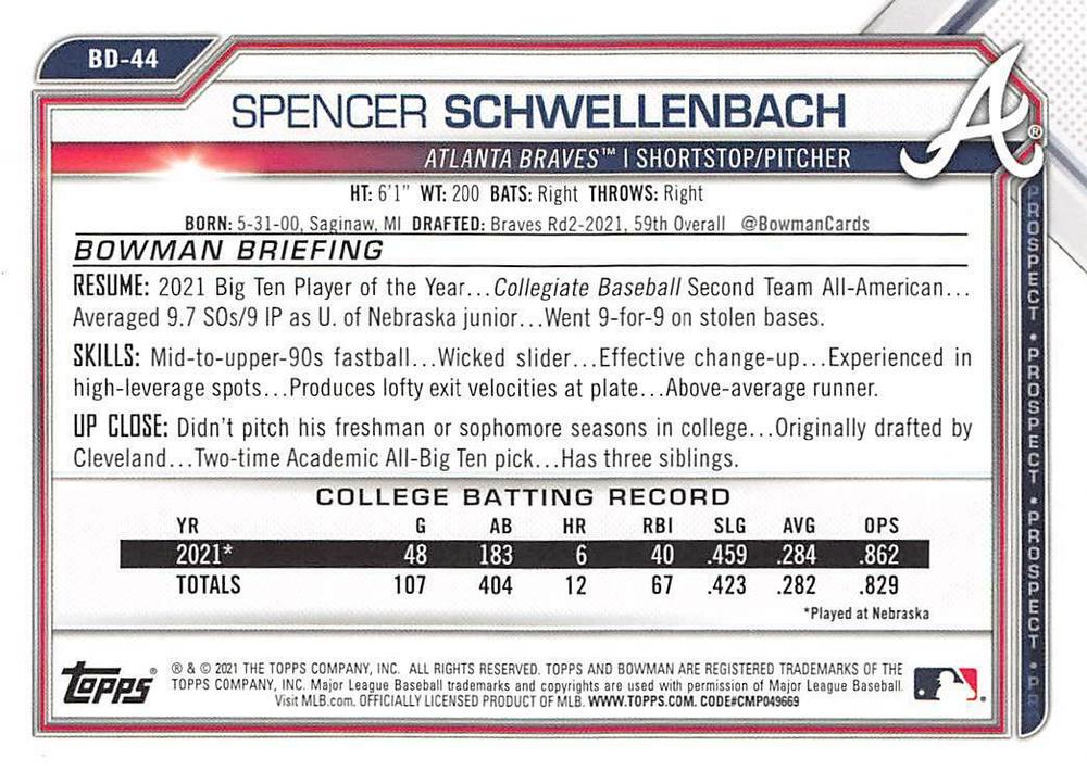 2021 Bowman Draft Spencer Schwellenbach FBC 1st Bowman BD-44 Atlanta Braves