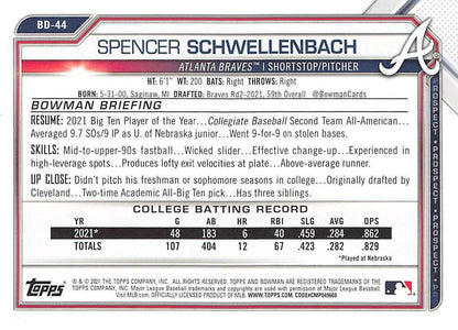 2021 Bowman Draft Spencer Schwellenbach FBC 1st Bowman BD-44 Atlanta Braves