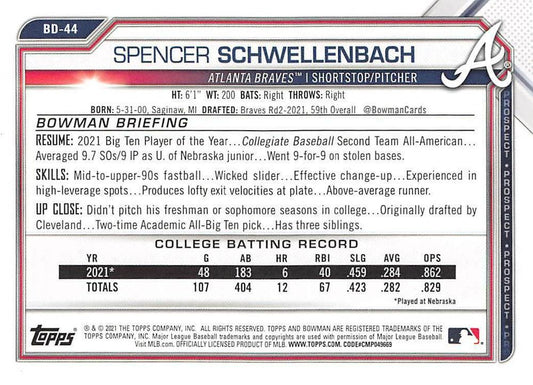 2021 Bowman Draft Spencer Schwellenbach FBC 1st Bowman BD-44 Atlanta Braves