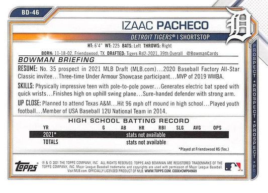 2021 Bowman Draft Izaac Pacheco FBC 1st Bowman BD-46 Detroit Tigers