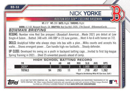 2021 Bowman Draft Nick Yorke BD-53 Boston Red Sox