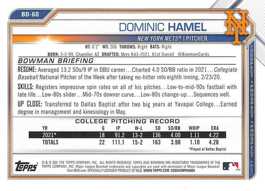 2021 Bowman Draft Dominic Hamel FBC 1st Bowman BD-60 New York Mets