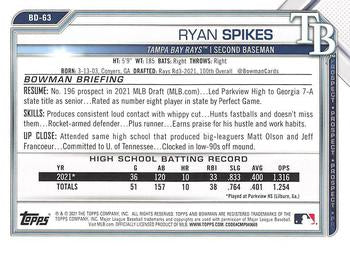 2021 Bowman Draft Ryan Spikes FBC 1st Bowman BD-63 Tampa Bay Rays