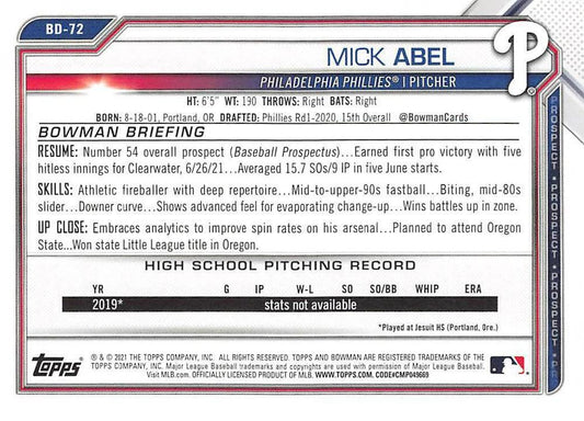 2021 Bowman Draft Mick Abel BD-72 Philadelphia Phillies