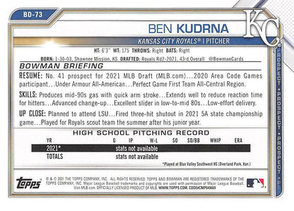 2021 Bowman Draft Ben Kudrna FBC 1st Bowman BD-73 Kansas City Royals
