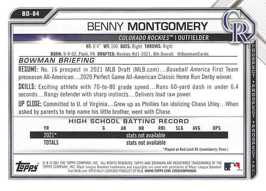 2021 Bowman Draft Benny Montgomery FBC 1st Bowman BD-84 Colorado Rockies