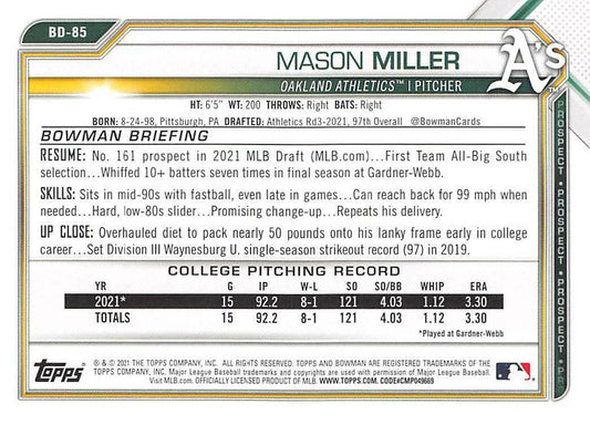 2021 Bowman Draft Mason Miller FBC 1st Bowman BD-85 Oakland Athletics