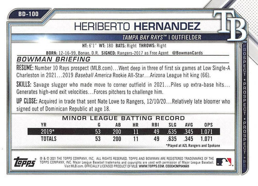 2021 Bowman Draft Heriberto Hernandez BD-100 Tampa Bay Rays