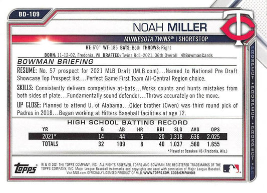2021 Bowman Draft Noah Miller FBC 1st Bowman BD-109 Minnesota Twins